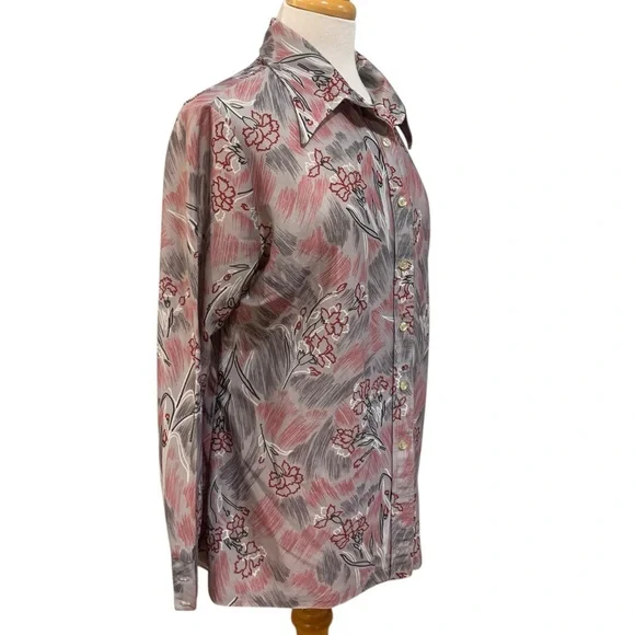 Vntg 70’s grey dagger collar button down shirt with red floral pattern Volup - Picture 6 of 8